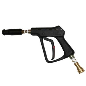 High and low pressure spray gun for restroom cleaning